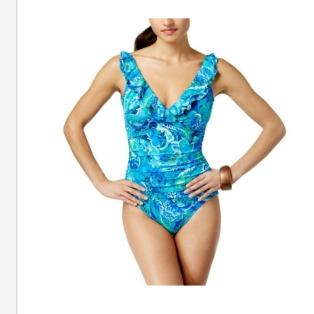 Ralph Lauren Tummy Control Printed one piece swimsuit, blue floral, size 4